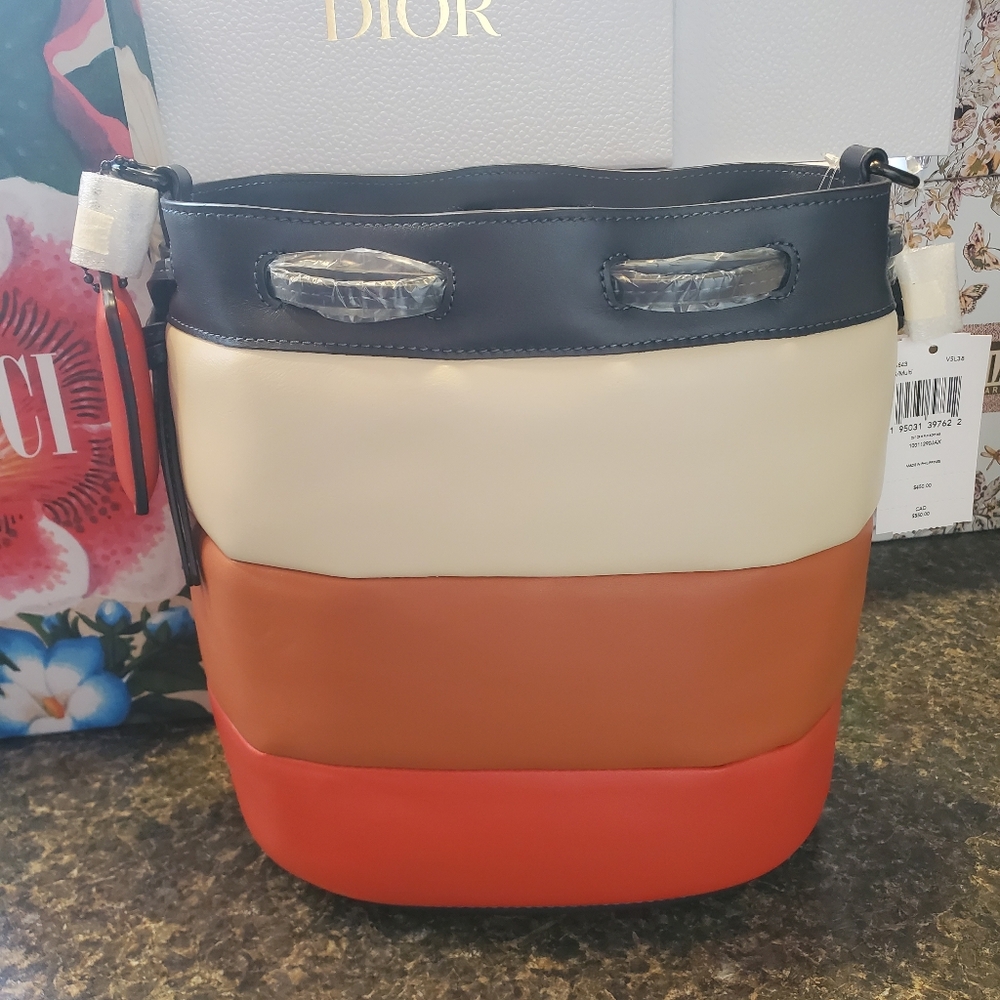 Coach RETAIL Colorblock Pillow Quilted Field Bucket Bag - Orange Cream Tan Navy - Picture 12 of 17